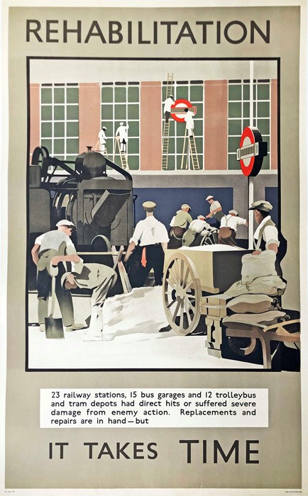1945 WW2 London Transport double royal-sized POSTER "Rehabilitation - it takes time" by Fred