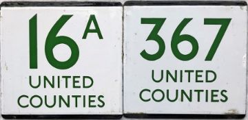 Pair of London Transport bus stop enamel E-PLATES for United Counties routes 16A and 367,