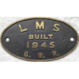London Midland & Scottish Railway (LMS) cast-brass BUILDER'S PLATE 'Built 1945, GWR' from one of the