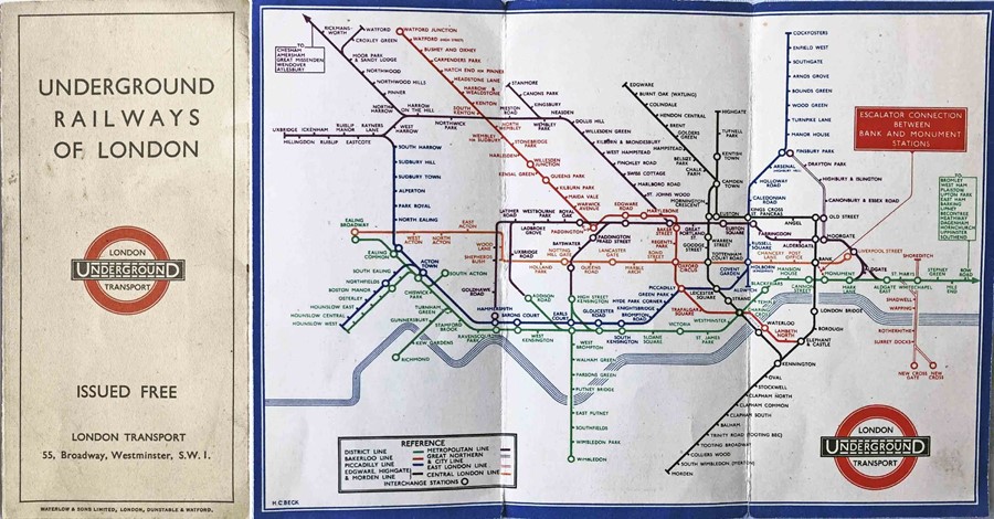 1933 London Underground H C Beck diagrammatic, card POCKET MAP from the first-year series titled '