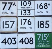 Selection (9) of London Transport bus/coach stop enamel E-PLATES comprising 77A Mon-Fri, 109