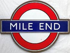 1940s London Underground enamel, framed PLATFORM BULLSEYE SIGN from Mile End station on the Central,