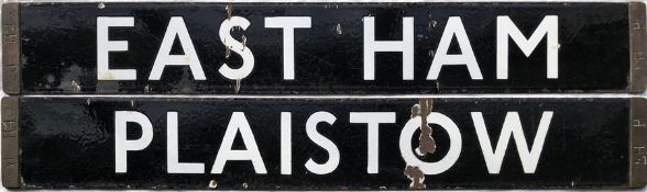 London Underground enamel DESTINATION PLATE for East Ham/Plaistow on the Hammersmith & City Line. An