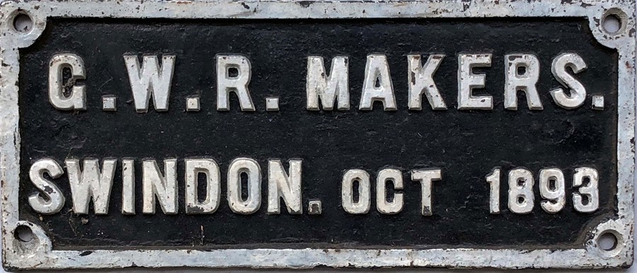 Great Western Railway (GWR) cast-iron BUILDER'S PLATE 'G.W.R Makers. Swindon. Oct 1893'. Stated by