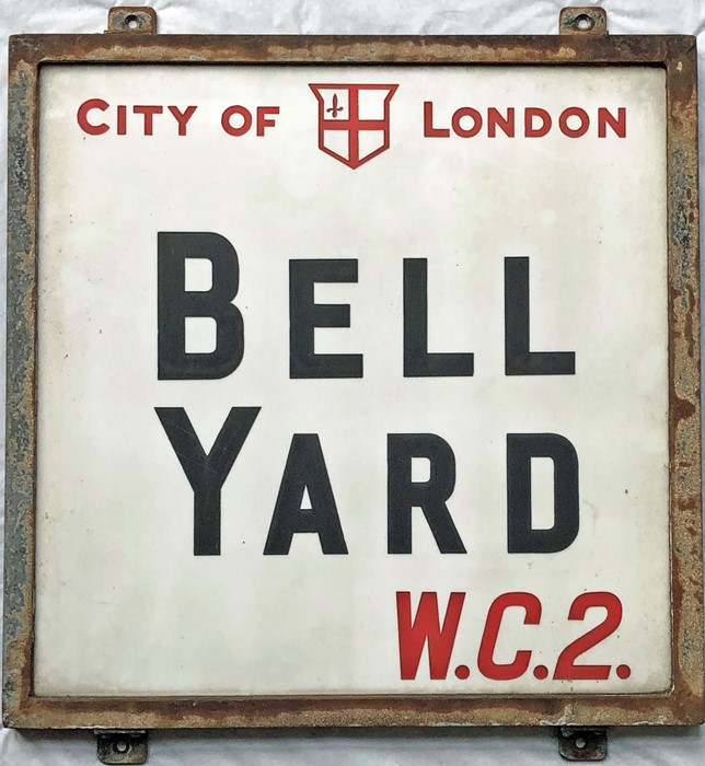 A c1920s City of London STREET SIGN from Bell Yard, WC2 which runs between Strand and Carey Street