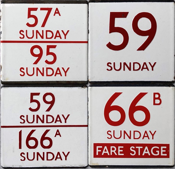 Selection (4) of London Transport bus stop enamel E-PLATES, all with red digits for Sunday