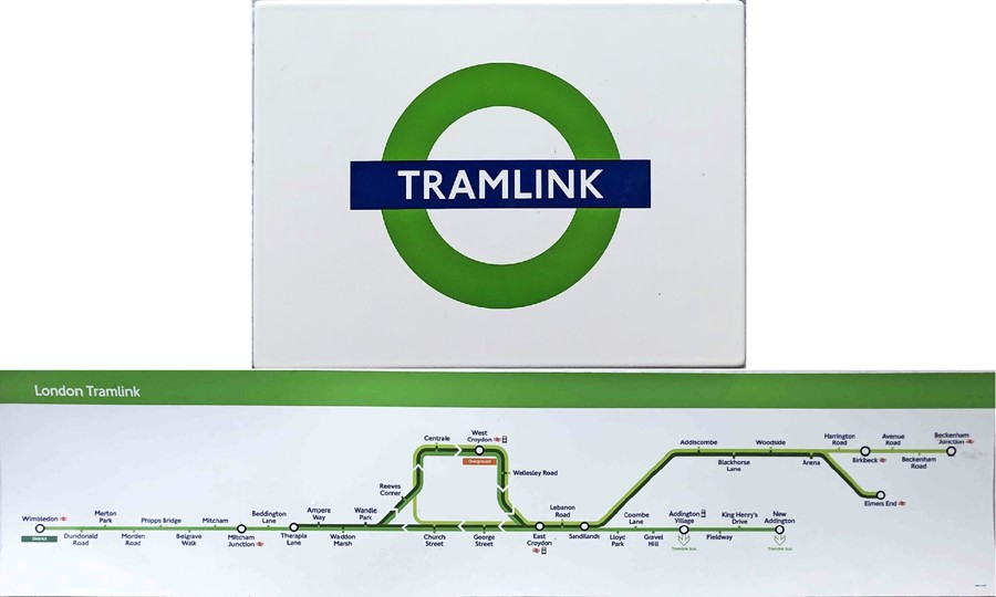 London (Croydon) Tramlink ENAMEL SIGN plus CAR ROUTE DIAGRAM. The sign measures 40cm x 30cm (16" x