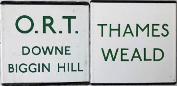 Pair of London Transport enamel bus stop E-PLATES, the first 'O. R. T. Downe, Biggin Hill' for the