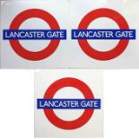 Trio of London Underground PLATFORM ROUNDEL SIGNS from Lancaster Gate station on the Central Line.