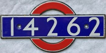 London Underground enamel 'bullseye' STOCK-NUMBER PLATE from 1938 P-Stock Driving Motor Car 14262.