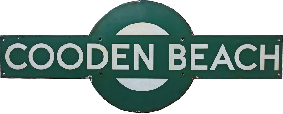 Southern Railway enamel PLATFORM TARGET SIGN from Cooden Beach station on the former LBSCR line from