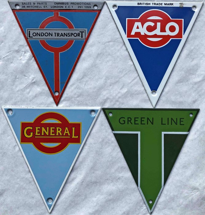 Selection (4) of enamel RADIATOR TRIANGLE BADGES for AEC vehicles comprising London Transport with