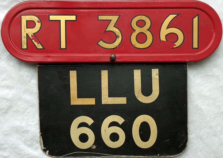 London Transport RT bus BONNET FLEETNUMBER PLATE plus matching REAR REGISTRATION PLATE LLU 660 (