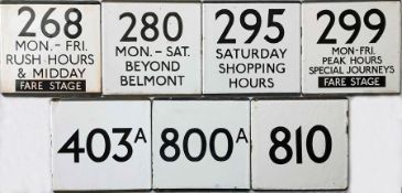 Selection (7) of London Transport bus stop enamel E-PLATES comprising 268 Mon-Fri Rush Hours &