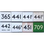 Selection (8) of London Transport bus/coach stop enamel E-PLATES comprising 365, 441, 441C, 441D,