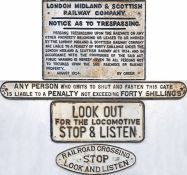 Selection (4) of replica, cast-iron RAILWAY SIGNS comprising 'LMSR' trespass notice (23" x 18" -