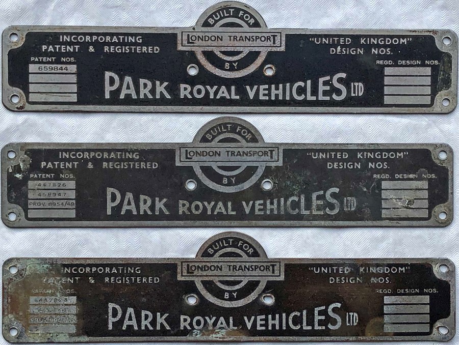 Selection (3) of 1940s/50s London Transport RT/RTL bus BODYBUILDER'S PLATES for Park Royal