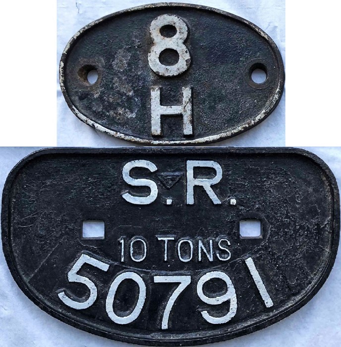 Pair of cast-iron railway plates comprising a British Railways SHEDPLATE 8H ex Allerton 1960-63