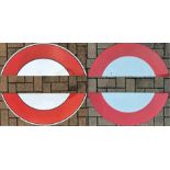 Two pairs of London Underground enamel 'HALF-MOONS' from platform bullseye or roundel signs. One