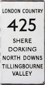 London Country bus stop, double-vertical enamel E-PLATE for route 425 destinated Shere, Dorking