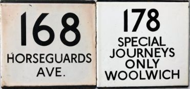 Pair of London Transport bus stop enamel E-PLATES comprising route 168 Horseguards [sic] Ave (
