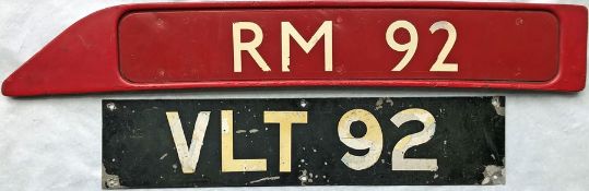 Pair of PLATES from Routemaster bus RM 92 comprising the bonnet fleetnumber plate (with back-flap)