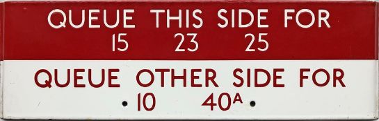 London Transport bus stop enamel Q-PLATE 'Queue this side for 15, 23, 25, Queue other side for 10,