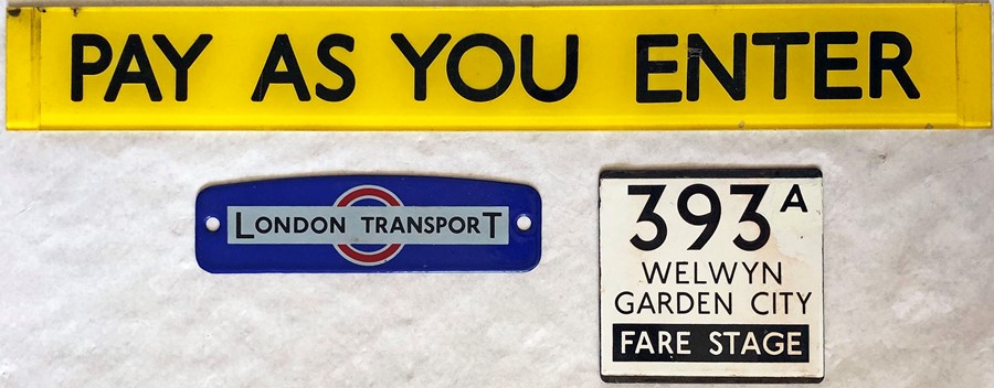 Selection (3) of London Transport PLATES comprising a perspex RF bus SLIPBOARD PLATE 'Pay as you