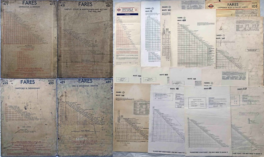 Selection (21) of London Transport bus FAREBOARDS & FARECHARTS including a pair of 1939 double-sided