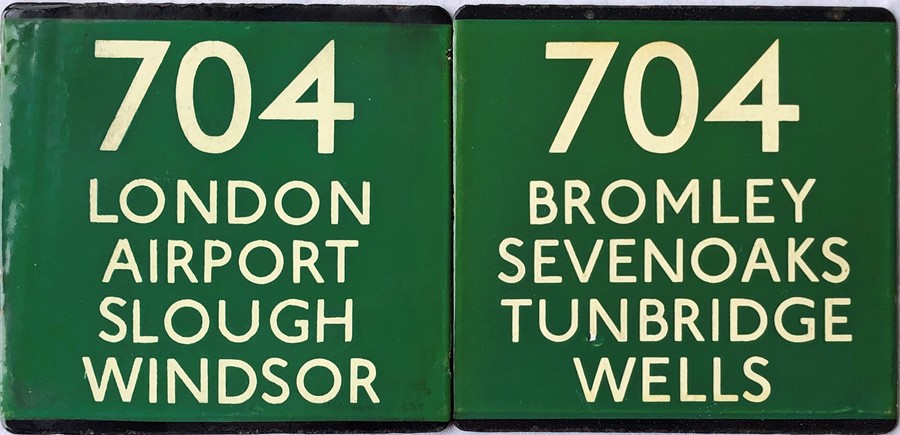 Pair of London Transport coach stop enamel E-PLATES for Green Line route 704, one for each direction