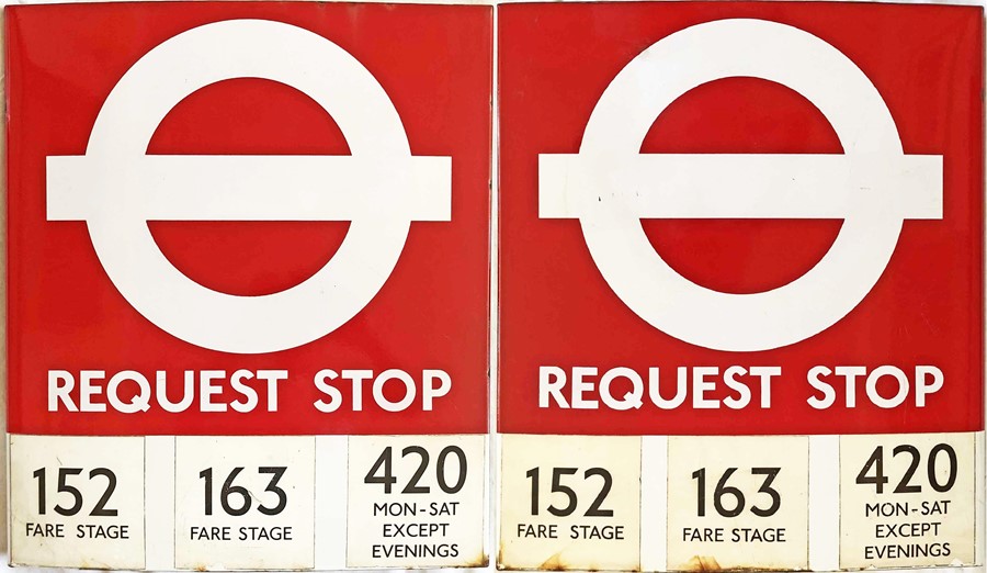 1980s London Transport enamel BUS STOP FLAG ('Request'), an E3 version with 3 e-stickers on each