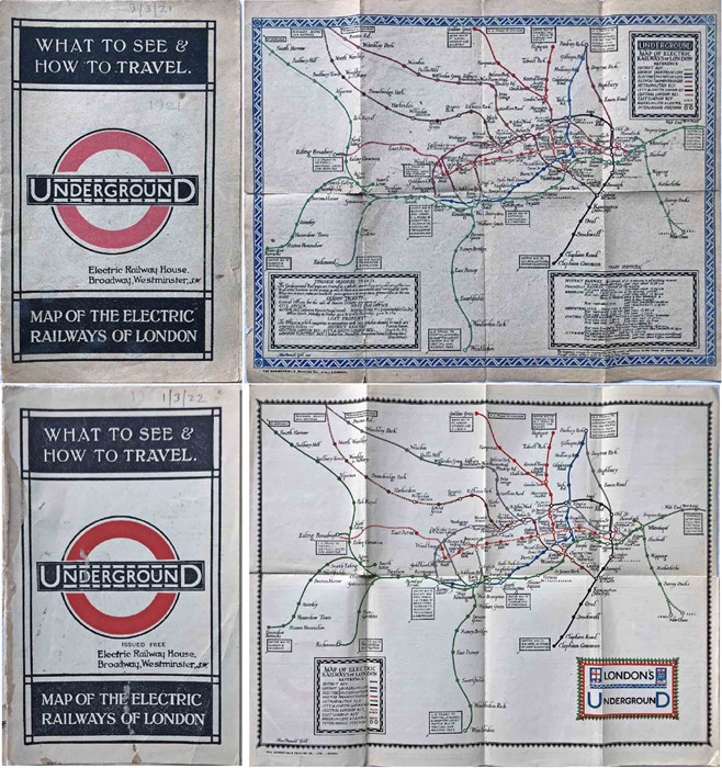 Pair of 1920s London Underground MAPS OF THE ELECTRIC RAILWAYS OF LONDON "What to See and How to