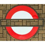 London Underground BRASS FRAME + 2 matching enamel 'HALF-MOONS' for a platform roundel sign. The bar