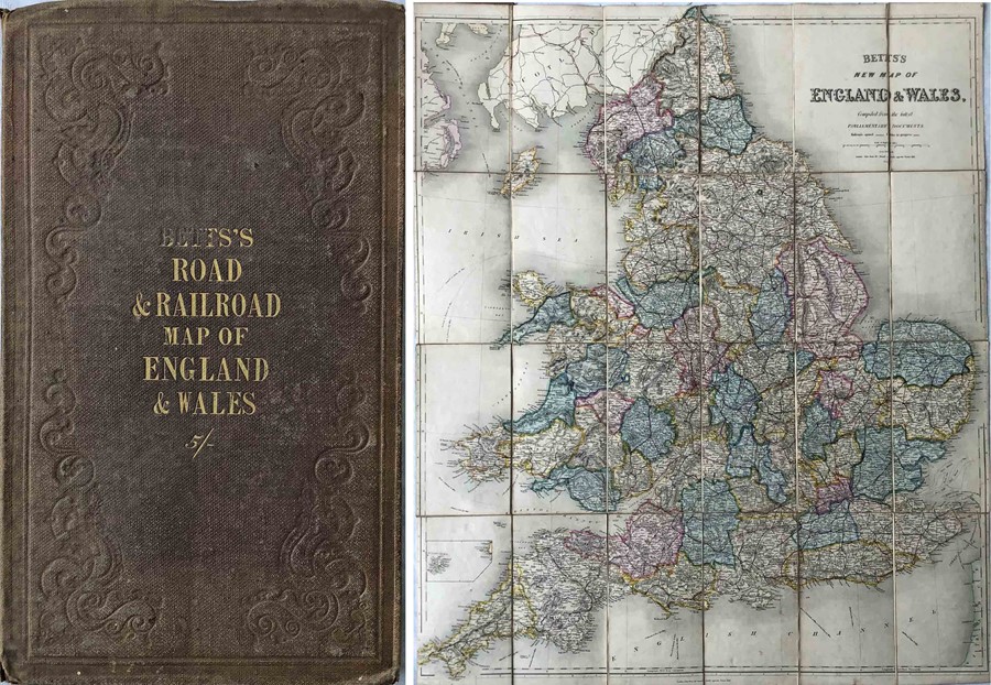 1847 Bett's Road & Railroad MAP of England & Wales "compiled from the latest Parliamentary