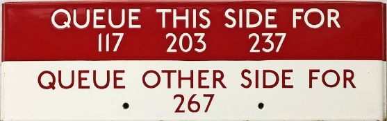 London Transport bus stop enamel Q-PLATE 'Queue this side for 117, 203, 237, Queue other side for