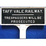 Cast-iron RAILWAY SIGN 'Taff Vale Railway. Trespassers will be prosecuted'. The TVR was opened in