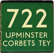 London Transport coach stop enamel E-PLATE for Green Line route 722 destinated Upminster, Corbets