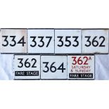 Selection (7) of London Transport bus stop enamel E-PLATES comprising 334, 337, 353, 362, 362 Fare