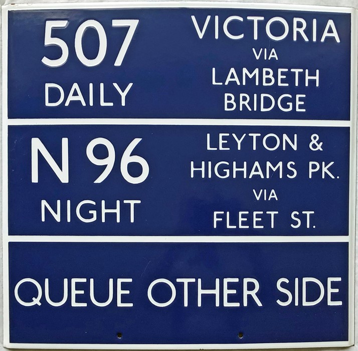 London Transport bus stop enamel Q-PLATE for Red Arrow route 507 and Night Route N96 with respective