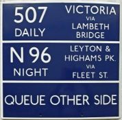 London Transport bus stop enamel Q-PLATE for Red Arrow route 507 and Night Route N96 with respective