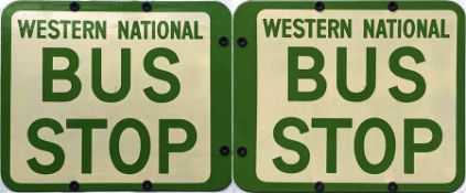 Western National enamel BUS STOP FLAG. A 1950s/60s double-sided sign in cream and green enamel.