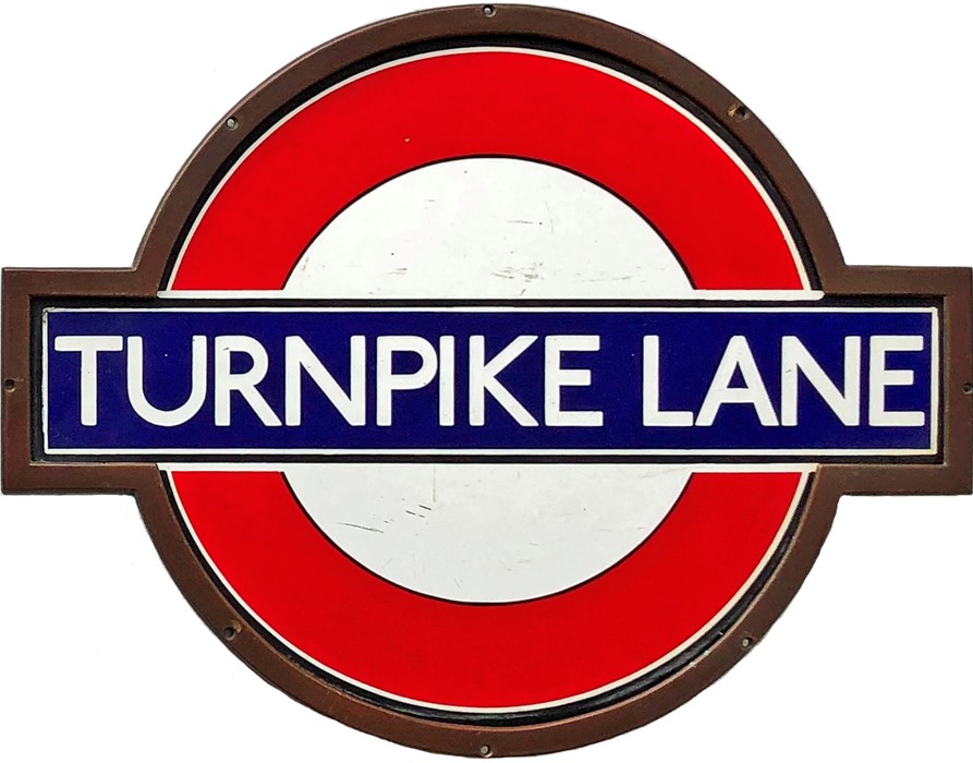 1930s London Underground small, framed STATION BULLSEYE SIGN 'Turnpike Lane' on the Piccadilly Line.