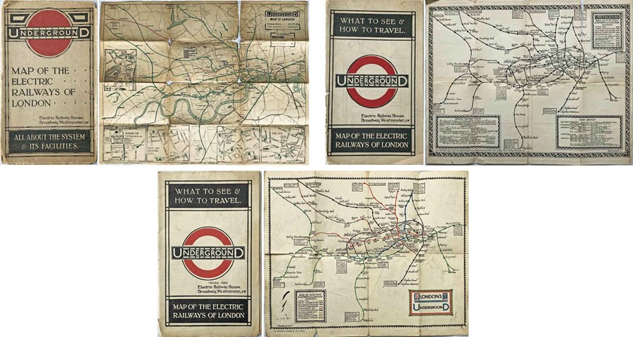 Selection (3) of early London Underground POCKET MAPS comprising undated (c1914) issue (fragile with