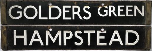 London Underground 1938-Tube Stock enamel CAB DESTINATION PLATE for Golders Green / Hampstead on the