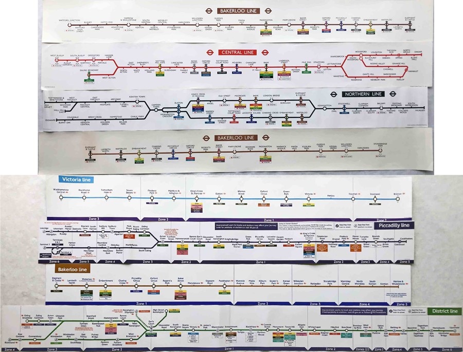 Selection (8) of London Underground car LINE DIAGRAMS comprising PAPER issues for the Bakerloo