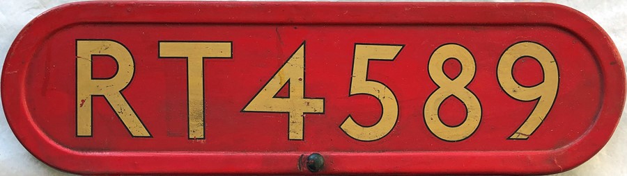 London Transport RT bus BONNET FLEETNUMBER PLATE from RT 4589. The original RT 4589 entered