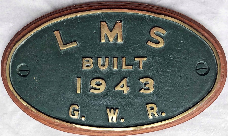 London Midland & Scottish Railway (LMS) cast-brass BUILDER'S PLATE 'Built 1943, GWR' from a Class 8F