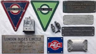 Selection of London Transport etc bus PLATES etc including red and green Routemaster radiator