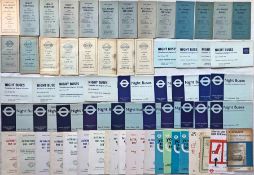 Large quantity (69) of 1950s-70s London Transport BUS TIMETABLE LEAFLETS comprising 44 x Night