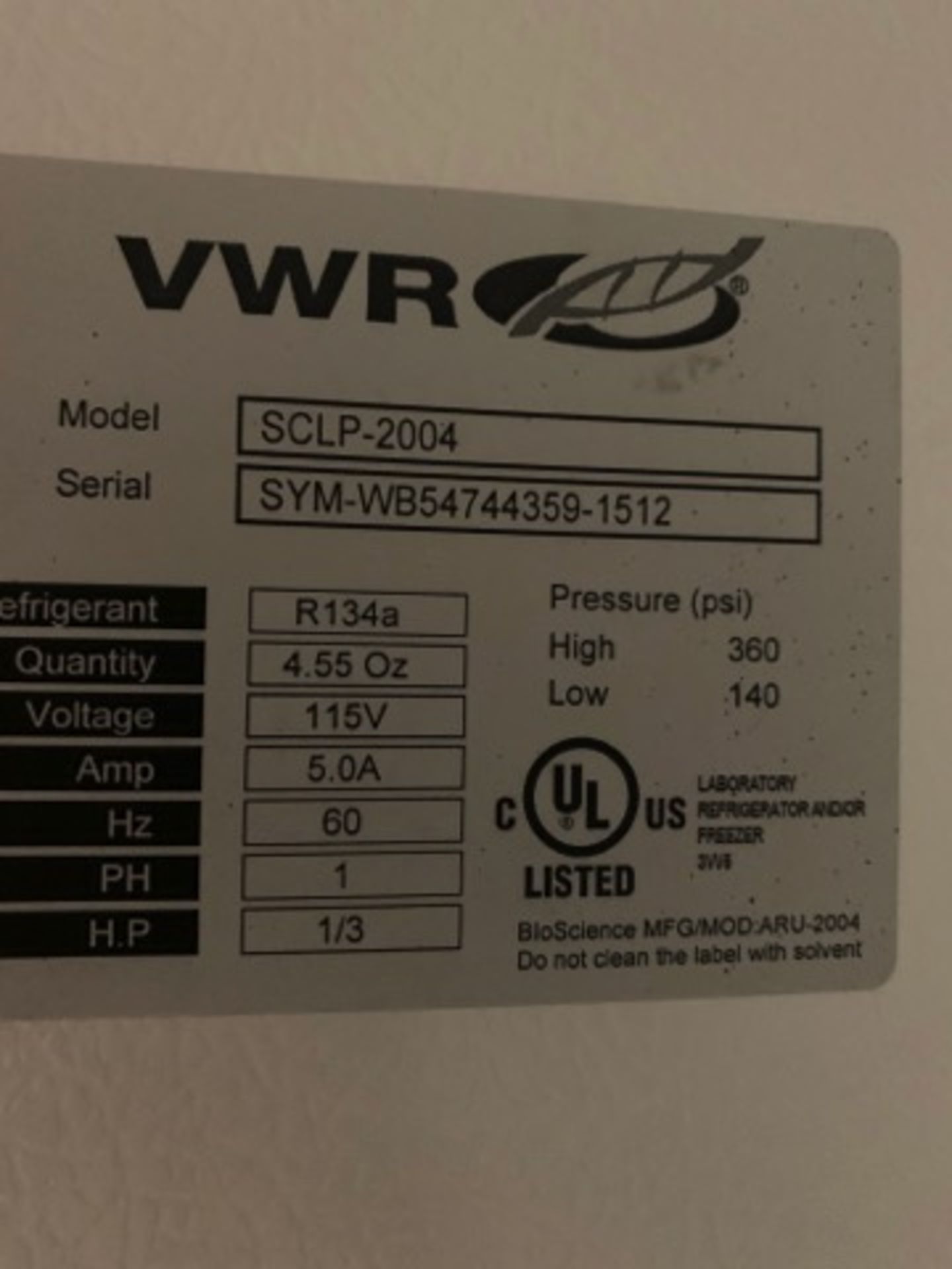 VRW Symphony Model SCLP 2004 Lab Refrigerator, S/N SYM-WB54744359-1512 - Image 8 of 10